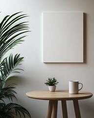 Blank canvas mockup on wall with plant, mug and small plant on wooden table.