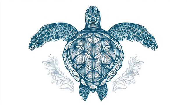 Detailed blue line art illustration of a turtle with geometric patterns on a white background