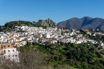Panoramic View Of The White Village Of Casares In Malaga Andalusia Spain Surrounded By Mountains...