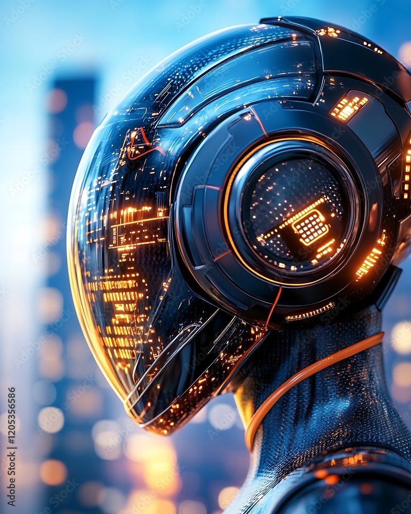 Poster futuristic cyborg robot in sleek helmet with glowing interface cityscape background