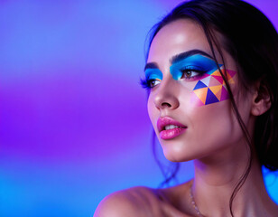 Fototapeta premium Modern Art Portrait, Woman with Colorful Geometric Face Paint and Soft Lighting