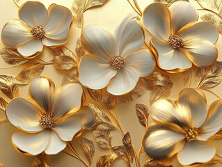 Golden Floral Embellishment: Exquisite 3D rendering of white blossoms with golden accents and leaves, creating a luxurious and opulent design for a touch of elegance and sophistication.  