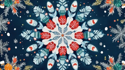 Fototapeta premium Festive Mandala Design with Winter Foliage and Snowflakes on a Dark Blue Background