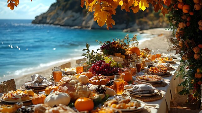 Autumnal beach feast, coastal Thanksgiving table setting