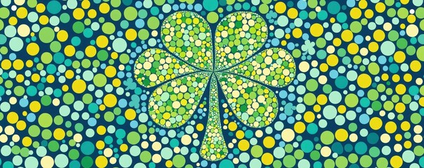A vibrant illustration featuring a green four-leaf clover surrounded by colorful dots on a blue background, symbolizing luck and positivity.