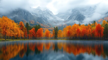 Obraz premium Autumnal lake, mountain reflection, misty morning, fall foliage