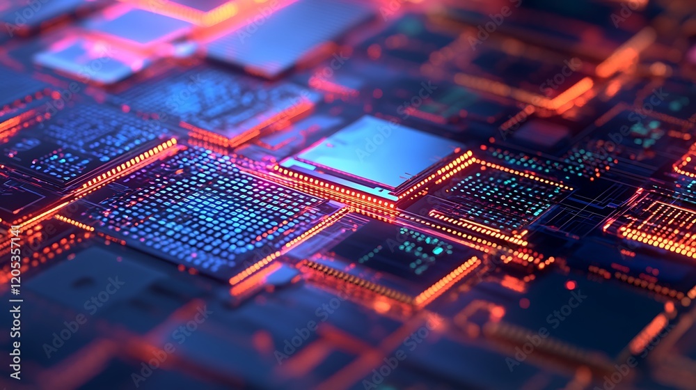 Leinwandbilder Abstract Close up of Illuminated Circuit Board Technology Background Digital Data Microchip