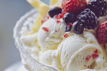 A delicious bowl of ice cream topped with mixed berries and blackberries