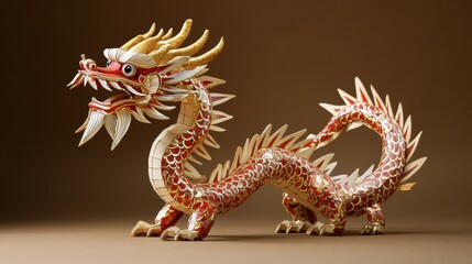 Fototapeta premium Chinese New Year dragon decor featuring a sleek, wooden dragon with subtle red and gold accents, blending tradition with minimalist style