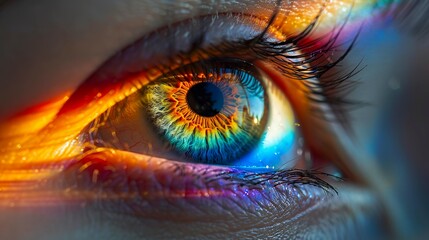 A photo of an eye with a rainbow laser effect.