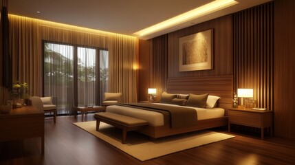 Fototapeta premium Clean and modern wood bedroom, focusing on uncluttered design and polished wooden furniture for a sleek and stylish bedroom