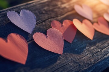 Obraz premium A wooden bench decorated with a bunch of hearts, perfect for romantic or sentimental scenes