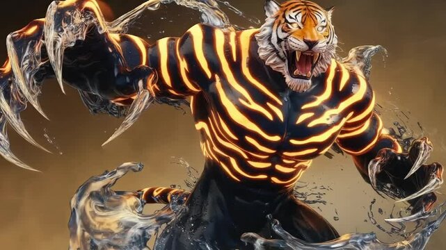 a fearsome humanoid water figure with bold, wave-like stripes glowing in fiery orange and white, reminiscent of a tiger&rsquo;s fierce pattern. its sharp claws are formed of concentrated liquid energy, glow