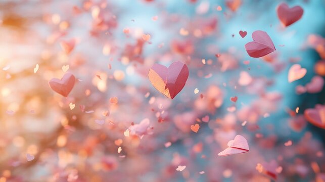 A romantic gesture - a bunch of paper hearts drifting through the air