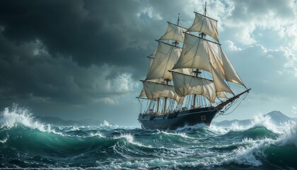 Majestic sailing ship battling turbulent waves under a dramatic stormy sky
