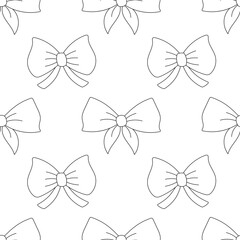 Seamless pattern,simple hand drawn ribbon bows. Black silhouette linear on white background