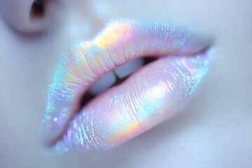 Fototapeta premium A detailed shot of someone's lips painted with holographic technology