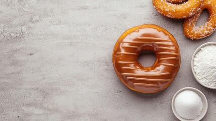 A delicious glazed donut sits on a textured surface, accompanied by powdered sugar and granulated sugar, with additional donuts in the background.