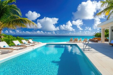 Fototapeta premium A swimming pool surrounded by lounge chairs overlooking the ocean, perfect for a relaxing day at the beach or resort