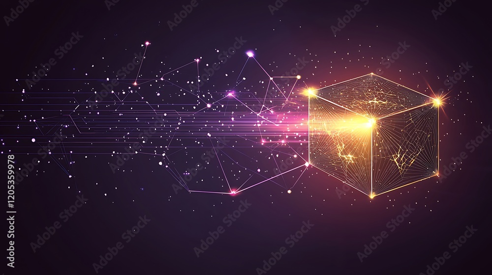 Poster Abstract glowing cube digital network connection data flow concept