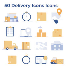 Fast Delivery Logistics Icons: Blue & White Shipping Symbols box truck cargo vector retail package  
