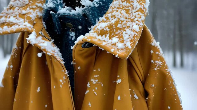 Closeup of vibrant winter jacket covered in snowflakes, showcasing texture and color amidst a cold outdoor setting
