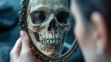 A human skull reflected in a vintage mirror, symbolizing mortality and the fleeting nature of life. The mirror creates an eerie yet contemplative atmosphere in this striking composition.