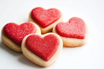 Freshly baked heart shaped sugar cookies on a white surface, ideal for food blogging or recipe photography