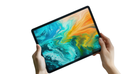 Hand holding tablet on transparent background 