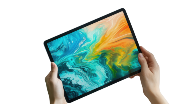 Hand holding tablet on transparent background 