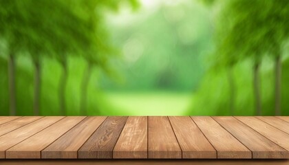Wood desk table top with green nature blur background. Empty plank wooden table for product replacement