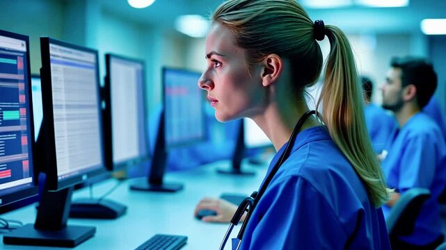 A healthcare professional working on a computer in a clinical setting.