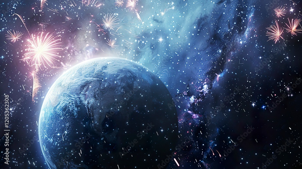 Wall mural a photo of fireworks exploding around a planet.