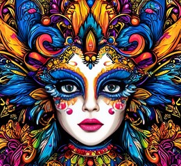 Illustration with a carnival mask decorated with feathers, woman with mask
