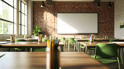 Modern conference room with brick walls and large windows
