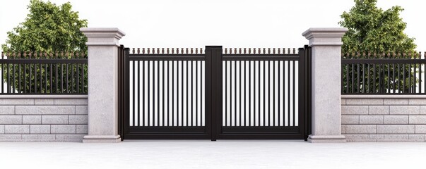 Fototapeta premium Gate Iron Modern black gate with stone pillars and greenery.