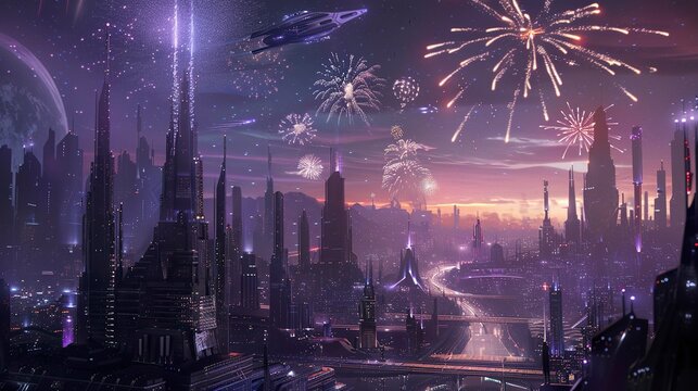 A photo of fireworks in a futuristic space city.