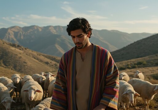 Joseph wearing a coat of many colors tending the sheep biblical concept. Mountain background with copy space.
