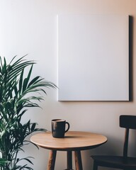 Blank canvas mockup on wall, plant, coffee cup on wooden table.