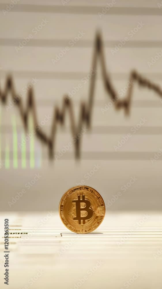 Poster Golden bitcoin resting on a financial chart displaying a declining trend, illustrating the inherent volatility and risks associated with investing in cryptocurrency markets