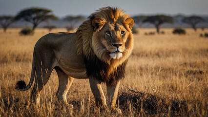 Naklejka premium Meet the majestic male lion, the king of Africa's wild jungle. This stunning image captures the lion's fierce face, showcasing his powerful jawline and