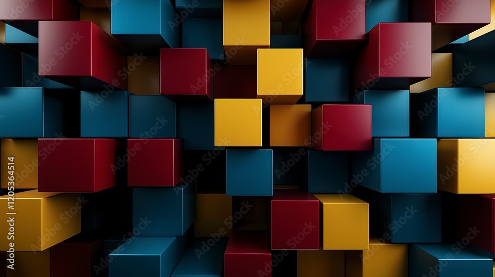Poster dynamic colorful cubes modern art installation abstract design urban environment close-up viewpoint 