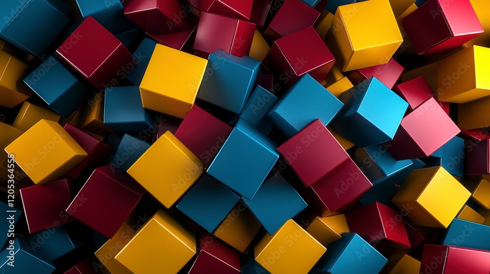 Poster Vibrant block structures in red and yellow hues abstract composition bold art bright environment dynamic viewpoint