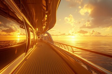 Obraz premium A serene moment captured as passengers enjoy the breathtaking sunrise from the deck of a cruise ship.