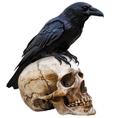raven sitting on a human skull isolated on a white background