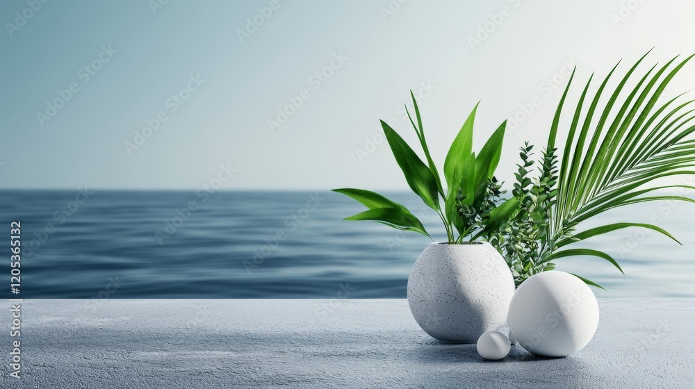 Aufkleber Serene coastal greenery displayed in minimalistic vases ocean view nature scene calm atmosphere aesthetic design