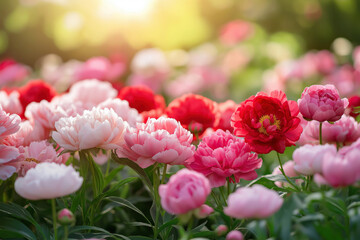 Fototapeta premium Beautiful pink and red peonies blooming in garden under sunlight, creating a vibrant and colorful scene