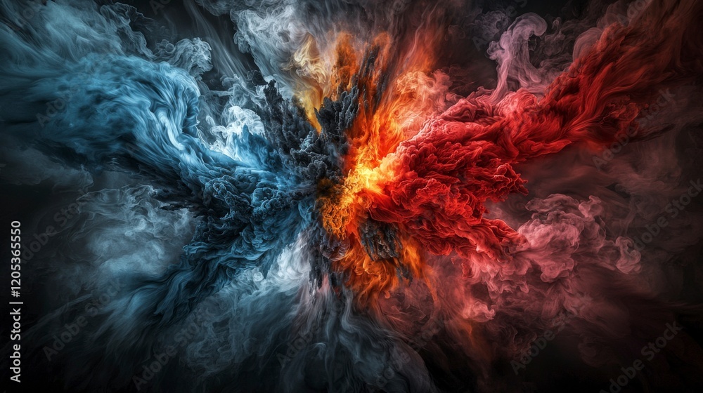Poster dynamic composition colorful volcano-inspired abstract art featuring vivid explosions and creative c