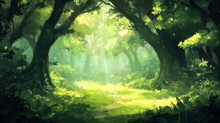 Naklejka premium Sunlit Path Through Lush Green Forest Canopy