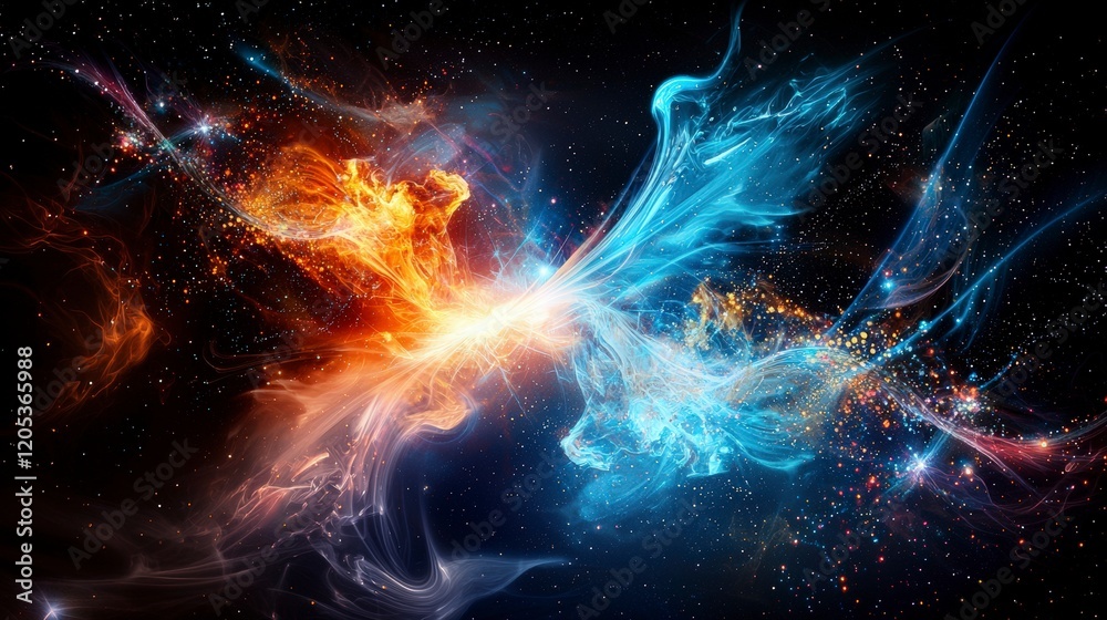 Poster Cosmic light trails flowing through time in a mystical space environment abstract art scene